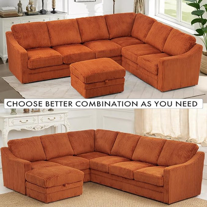 115 Inches Corduroy Sectional Sofa with Storage Ottoman, Modern 7 Seats Corner Couch with Deep Seat, Comfy Modular U Shaped Couch with Comfortable Cushions for Living Room, Orange