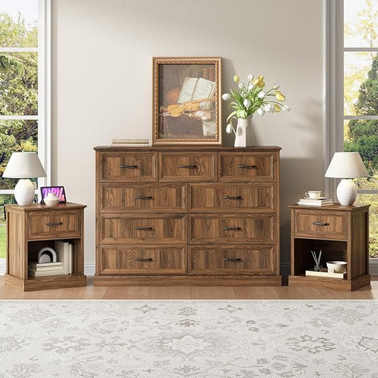 CARPETNAL Farmhouse Dresser and Nightstand Sets for Bedroom, 3 Pcs Bedroom Set, 9 Drawer Dresser & Nightstand Set of 2, Modern Wood Chest of Drawers for Bedroom, Living Room, Entryway, Brown