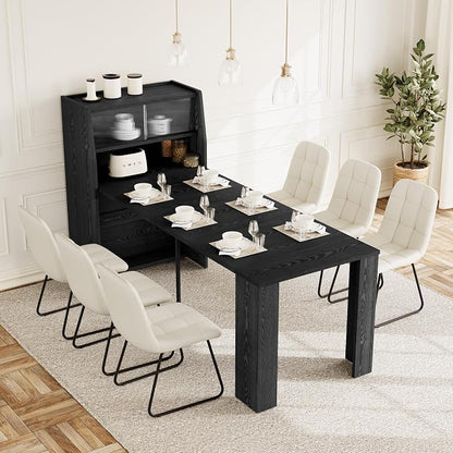 HIPIHOM Dining Table Set for 6, Extendable 86.6" with Storage | Space-saving MDF Kitchen Table with 6 Upholstered U-shaped White Chairs, Ideal for Apartment, Living Room