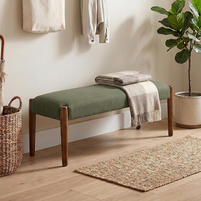 Usaint 42" End of Bed Bench, Modern Upholstered Bedroom Bench with Rubberwood Legs, Entryway Bench with Cushion, Dining Bench for Living Room, Bedroom, Dark Green with Walnut Leg