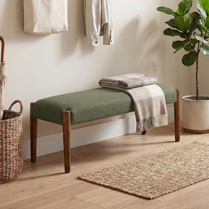 Usaint 42" End of Bed Bench, Modern Upholstered Bedroom Bench with Rubberwood Legs, Entryway Bench with Cushion, Dining Bench for Living Room, Bedroom, Dark Green with Walnut Leg
