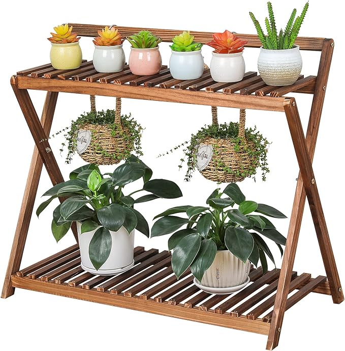 Indoor Plant Stand for Multiple Plants 2 Tier Wood Plant Shelf with Hanging | Outdoor Flower Pot Stand Holder with Planter Hanger for Yard Patio Garden Balcony Porch Living Room Corner ( Rustic X-Cross)