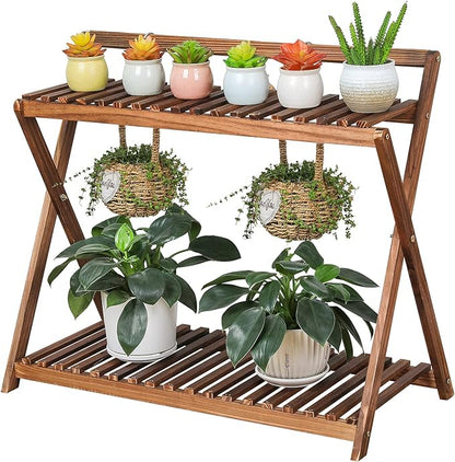 Indoor Plant Stand for Multiple Plants 2 Tier Wood Plant Shelf with Hanging | Outdoor Flower Pot Stand Holder with Planter Hanger for Yard Patio Garden Balcony Porch Living Room Corner ( Rustic X-Cross)