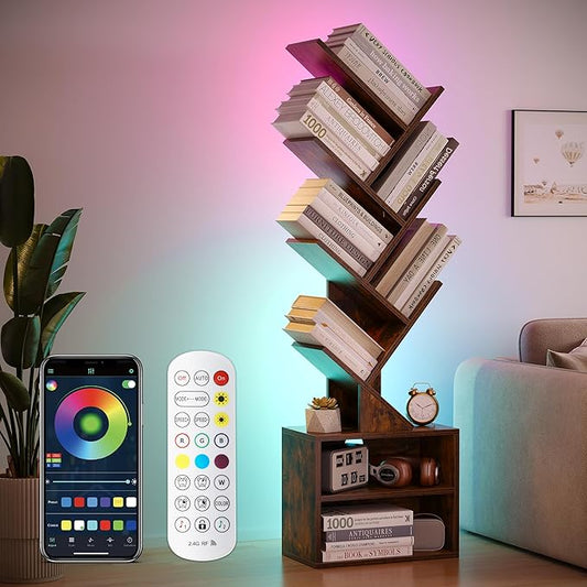 SUNMORY 6 Tier Tree Bookshelf with Lights, LED Book Tree Bookcase with Storage Organizer, Small Corner Bookshelf Floor Standing Book Shelf for Living Room, Bedroom & Home Office