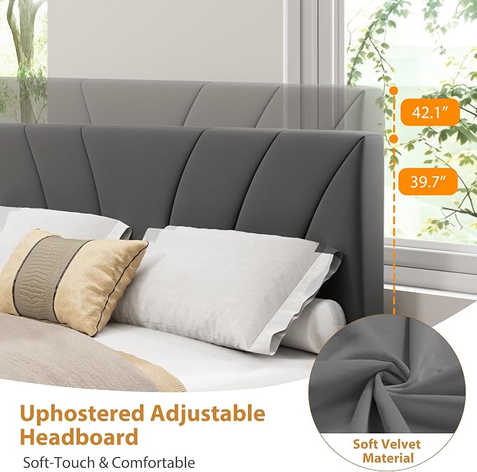 Garvee Full Size Bed Frame with 2 Storage Drawers & Adjustable Headboard, Velvet Upholstered Platform Full Bed Frame, Wooden Slats Support, No Box Spring Needed, Easy Assembly, Grey
