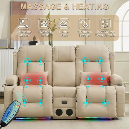 URRED Power Loveseat Recliner Sofa with Massage and Heat, Wall Hugger Reclining Loveseat with Console, RV Couch Home Theater Seating with LED Lights for Living Room (Beige, 67" - 2 Seats)