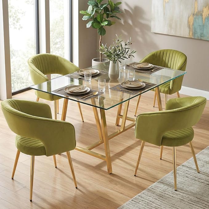 Hyfirm Green Velvet and Gold Dining Chairs, Set of 2 Modern Upholstered Arm Chairs with Hollow Backrest, Tufted Accent Side Chair with Sturdy Metal Legs for Dining Room, Living Room, Kitchen, Salon