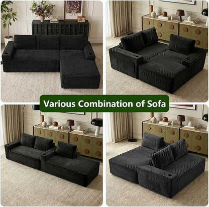104.3" Modular Sectional Sofa,Modern Corduroy Cloud Couch with Cup Holder & Side Pockets,Boneless Couch Upholstered 4-Seater L-Shaped Sofa for Living Room,No Assembly (Black, Right-Facing Chaise) | with Cup Holder