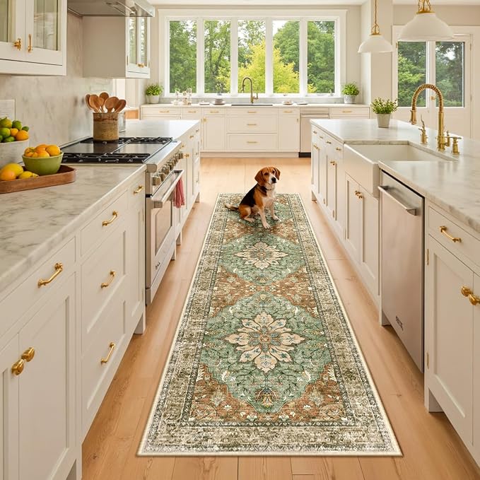 RELEANY Area Rugs Runner 2'x8' Washable Non-Slip, Floral Vintage Distress Medallion Carpet for Kitchen Hallway Bedroom Beside Laundry Room Bathroom, Terracotta Burnt Orange Green