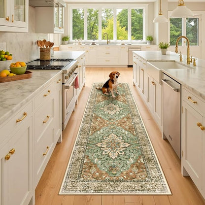 RELEANY Area Rugs Runner 2'x8' Washable Non-Slip, Floral Vintage Distress Medallion Carpet for Kitchen Hallway Bedroom Beside Laundry Room Bathroom, Terracotta Burnt Orange Green
