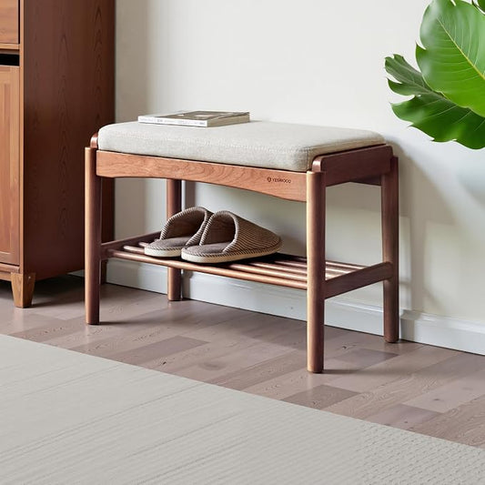 Solid Wood Shoe Bench Assembled, Shoe Rack Bench with Cushion for Entryway, Living Room, Bedroom, Hallway, 11.8" x 23.6" x 16.5", Walnut