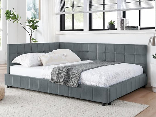 KEIKI Full Size L Shape Corner Bed Frames with Backrest and Armrests, Velvet Upholstered Sofa Daybed for Small Room, Living Room, Bedroom, Guest Room, Kids' Room
