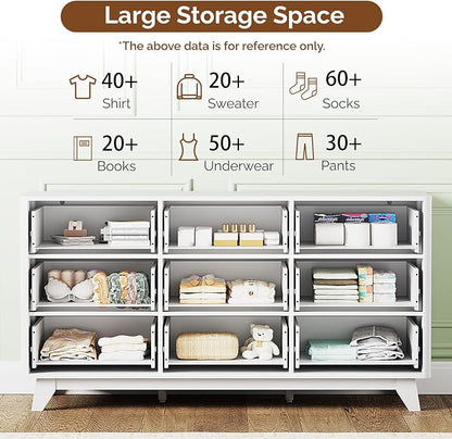 VINGLI 9 Drawer Dresser White Fluted Dresser for Bedroom with Rounded Edges, 57" Long Wood Dressers White and Gold, 57" W*15.75" D*29.92" H