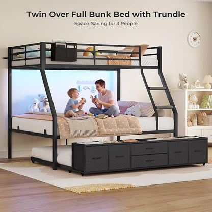 BTHFST Twin Over Full Bunk Bed with Trundle & 6 Storage Drawers, Bunk Bed with LED Lights, Heavy Duty Metal Bunkbeds with Ladder and Full-Length Guardrail, Space Saving, Black