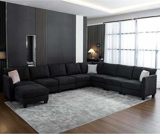 150.4" Large Sectional Couches for Living Room, 8 Seater L Shaped Modular Sectional Sofa with Storage Ottoman & USB, Oversized Corner Couch for Living Room（Black）