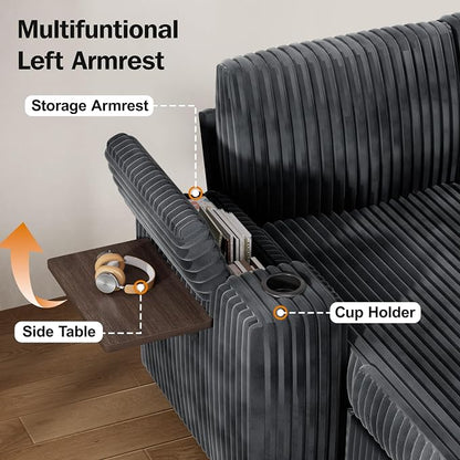 Vipbear 111" Modular Sectional Sleeper Sofa with Pull Out Bed, 7 Seat Plush Corduroy L Shaped Couch with Storage Chaise|USB Ports|Cup Holders|Side Table|Storage Armrests, Tool Free Assembly, Grey