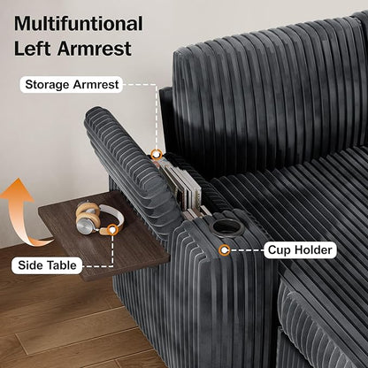 Vipbear 86" Modular Sectional Sleeper Sofa with Pull Out Bed, 5 Seat Plush Corduroy L Shaped Couch with Storage Seat|USB Ports|Cup Holders|Side Table|Storage Armrests, Tool Free Assembly, Grey