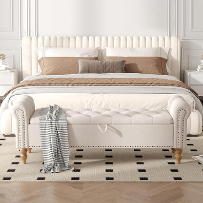 Furniliving 63” End of Bed Bench, Bedroom Bench with Button-Tufted, Large Upholstered Storage Ottoman Benches Entryway Bench with Storage Shoe Cabinet Bench, for Bedroom, Living Room, Linen, Beige