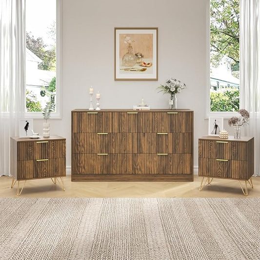 7 Drawer Dresser and Nightstand Sets, 3 Pcs Bedroom Set for Bedroom, Fluted Night Stand Set of 2 & 55" Wide Dresser w/Gold Handles, Mid Century Wood Chest of Drawers Storage Set, Walnut