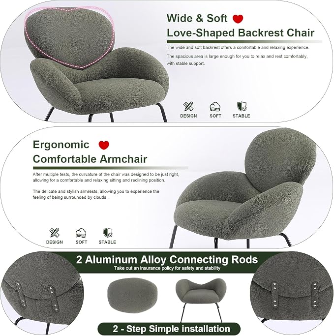 Accent Chair, Cloud Accent Chair for Bedroom, Boucle Fabric (Green) | Comfy Bedroom Chair with Love Back and Sturdy And Durable Solid-Wood Frame/ Study Room / Bedroom / Living Room /(Cream Style)