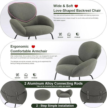 Accent Chair, Cloud Accent Chair for Bedroom, Boucle Fabric (Green) | Comfy Bedroom Chair with Love Back and Sturdy And Durable Solid-Wood Frame/ Study Room / Bedroom / Living Room /(Cream Style)