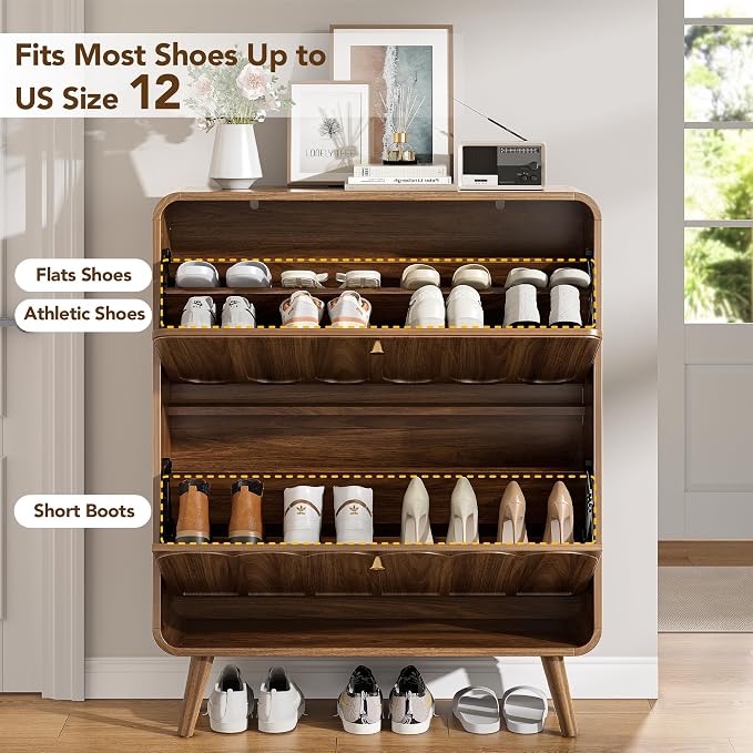 Decofy Shoe Cabinet with 2 Flip Drawers, Expanded Panel for Long Footwear, Freestanding Shoe Storage Cabinet with 3-Gear Adjustable Shelves, Narrow Shoe Cabinets for Entryway, Solid Wood Legs, Walnut