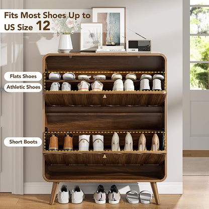 Decofy Shoe Cabinet with 2 Flip Drawers, Expanded Panel for Long Footwear, Freestanding Shoe Storage Cabinet with 3-Gear Adjustable Shelves, Narrow Shoe Cabinets for Entryway, Solid Wood Legs, Walnut