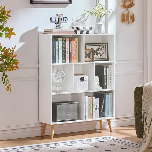 LEYAOYAO Cube Bookshelf 3 Tier Mid-Century White Modern Bookcase with Legs,Retro Wood Bookshelves Storage Organizer Shelf,Freestanding Open Book Shelves for Bedroom,Living Room,Office