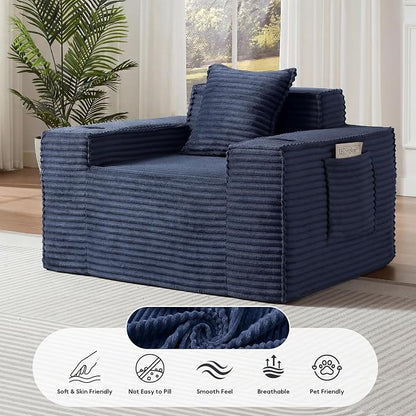 Boneless Sofa Couch with Cup Holders & Side Pockets, Modern Corduroy Fabric Deep Seat Single Cloud Couch for Reading Living Room Office, No Assembly (Blue)
