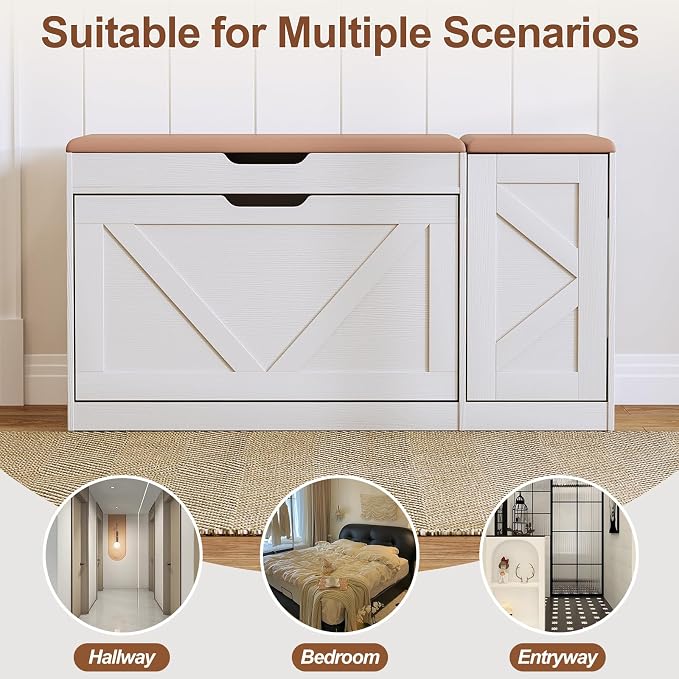 34" Storage Bench with Flip Drawers and Barn Doors, Adjustable Shelf, Flip-up Cabinet & Padded Cushion - Space-Saving Shoe Cabinet, Organizer for Entryway, Hallway, Bedroom