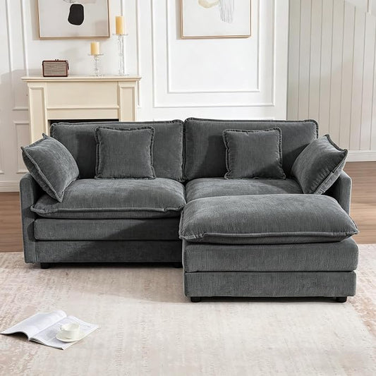 Modular Sectional Sofa with Ottoman: 76.7" Modern L Shaped Sectionals Cloud Couch, Comfy Couch Loveseat, 3 Seat Chenille Deep Seat Sofa with Pillow for Living Room,Bedroom Apartment,Small Spaces-Grey