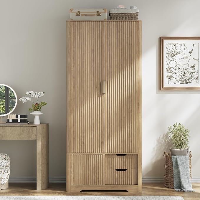 Vabches 71” Fluted Armoire Wardrobe Closet with 2 Doors and Drawers Tall Wooden Wardrobe Cabinet with Large Storage, Hanging Rod, 2 Shelves, Golden Metal Handle