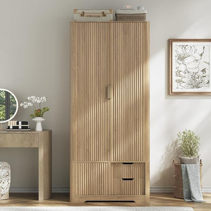 Vabches 71” Fluted Armoire Wardrobe Closet with 2 Doors and Drawers Tall Wooden Wardrobe Cabinet with Large Storage, Hanging Rod, 2 Shelves, Golden Metal Handle