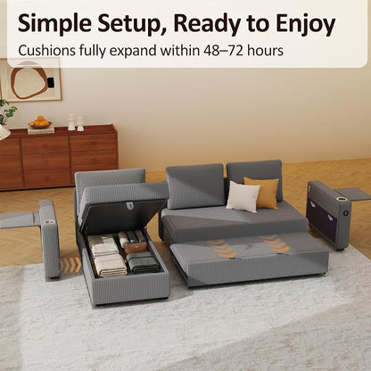 Ball & Cast 80" Sectional Sleeper Sofa Bed Pull Out Couches for Living Room | L Shaped Convertible Pull Out Sofa Bed with Storage Chaise, LED Lights, Foldable Table, USB Ports, Cup Holder and Side Pocket