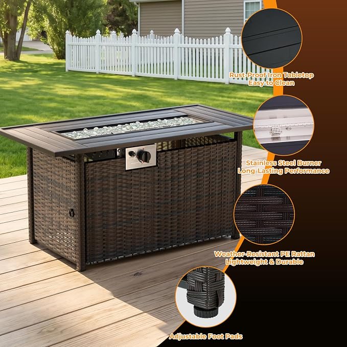 LAFWELL 8-Piece Wicker Patio Conversation Set with 44" Propane Fire Pit Table, Cozy Outdoor Sectional Sofa for Backyard Gatherings, Poolside Lounging & Garden Parties