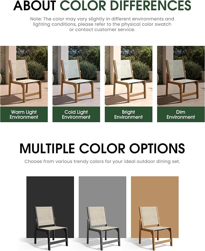 Patio Stackable Chairs Set of 2, HDPE Armless Outdoor Dining Chairs with Wide Seat, All-Weather Textilene Oversized Porch Chair for Garden, Poolside, Backyard, Deck | Teak