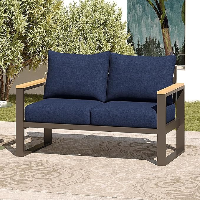 Sundale Outdoor Aluminum Patio Loveseat, All-Weather Outdoor Furniture with 6" Olefin Cushion & Wide Armrest, Outdoor Couch for Garden Deck Porch (Navy Blue)