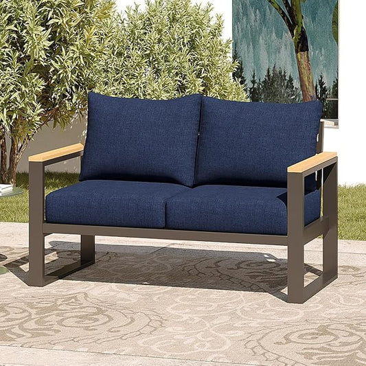 Sundale Outdoor Aluminum Patio Loveseat, All-Weather Outdoor Furniture with 6" Olefin Cushion & Wide Armrest, Outdoor Couch for Garden Deck Porch (Navy Blue)