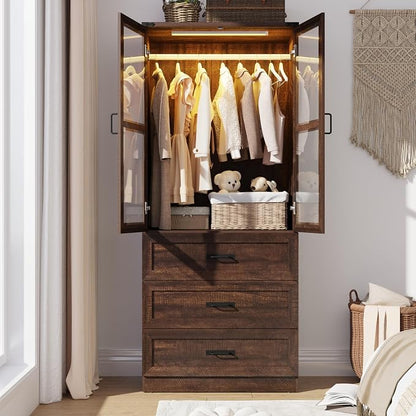 75" Tall Farmhouse 2 Doors Armoire Wardrobe Closet with 3 Drawers and LED,Freestanding Closet Wardrobe Cabinet for Bedroom with Hanging Rod,Wooden Armoire Storage Cabinet with Adjustable shelve(Brown)