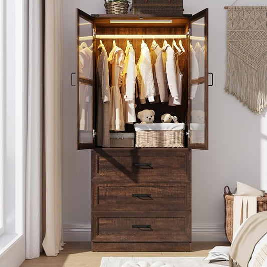 75" Tall Farmhouse 2 Doors Armoire Wardrobe Closet with 3 Drawers and LED,Freestanding Closet Wardrobe Cabinet for Bedroom with Hanging Rod,Wooden Armoire Storage Cabinet with Adjustable shelve(Brown)