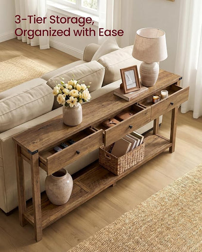 VASAGLE LIRY Collection Narrow Console Table with 3 Drawers and Storage Shelf, Long Sofa Table 9.4 x 63 x 29.9 Inch, Easy Assembly, for Entryway, Living Room, Farmhouse Style, Honey Brown ULNT148K101