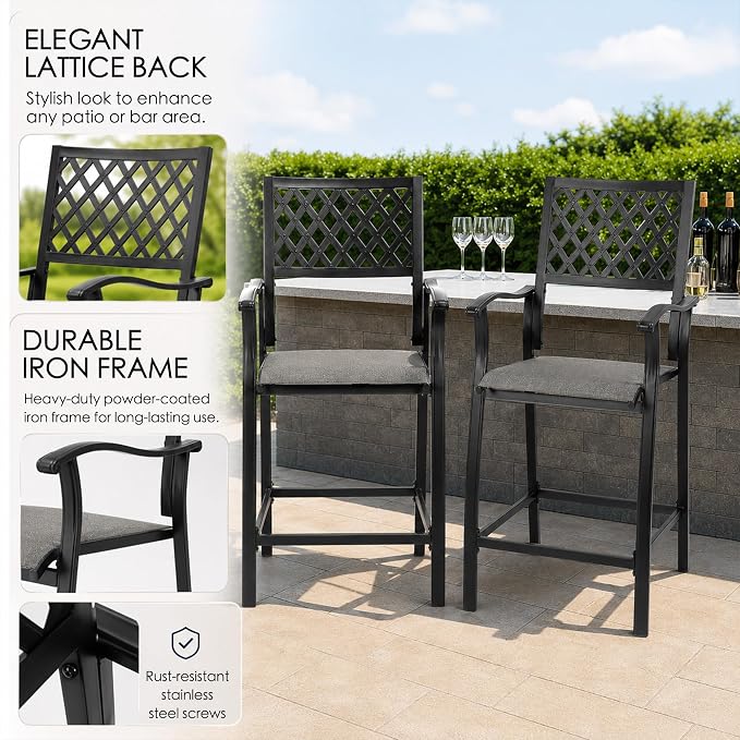 Kozyard Outdoor Counter Height Bar Stools Set of 2, Patio Bar Chairs with Wrought Iron Frame & Textilene Fabric, Outdoor Dining Chairs for Patio, Poolside, Backyard Gray