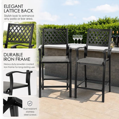 Kozyard Outdoor Counter Height Bar Stools Set of 2, Patio Bar Chairs with Wrought Iron Frame & Textilene Fabric, Outdoor Dining Chairs for Patio, Poolside, Backyard Gray