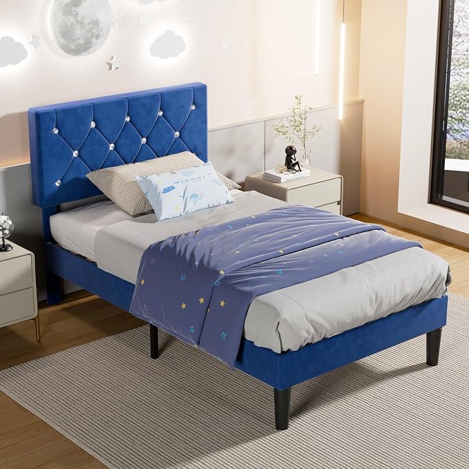VECELO Twin Size Bed Frame, Upholstered Platform with Adjustable Diamond Tufted Headboard, Wood Slat Support, No Box Spring Needed, Navy Blue