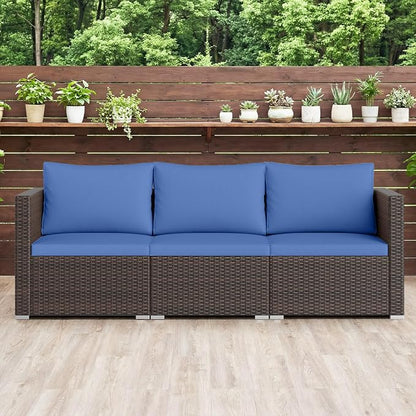 Tangkula 3 Seat Outdoor Wicker Sofa Set, Modular PE Rattan Patio Cushioned Sectional Couch Set, Outside Furniture Set for Deck, Backyard, Porch, Garden & Poolside (Brown-Navy)