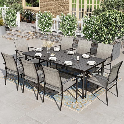 HERA'S HOUSE 9 Pieces Patio Dining Set, 8 x Brown Textilene Patio Chairs and 1 x 83 Large Rectangle Dining Table, Outdoor Furniture Set for Deck Garden Backyard Lawn Poolside