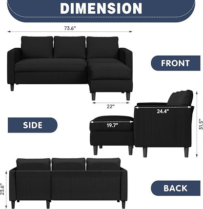 Shintenchi Modern Upholstered Sectional Sofa, L-Shaped Couch with Movable Ottoman and Reversible Chaise for Living Room, Black Corduroy Fabric