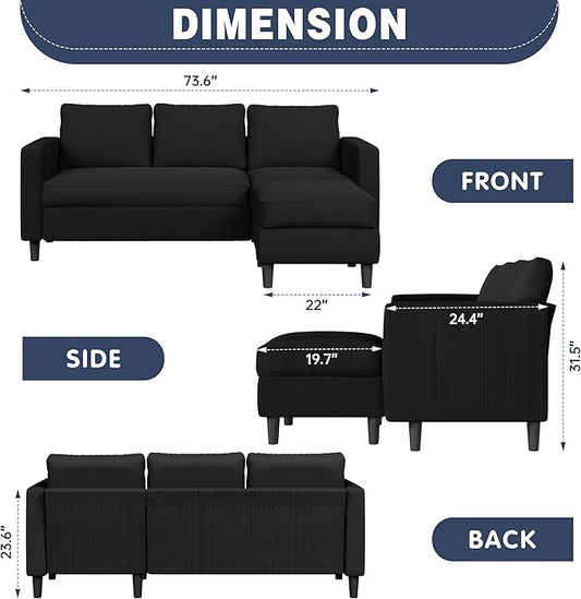 Shintenchi Modern Upholstered Sectional Sofa, L-Shaped Couch with Movable Ottoman and Reversible Chaise for Living Room, Black Corduroy Fabric