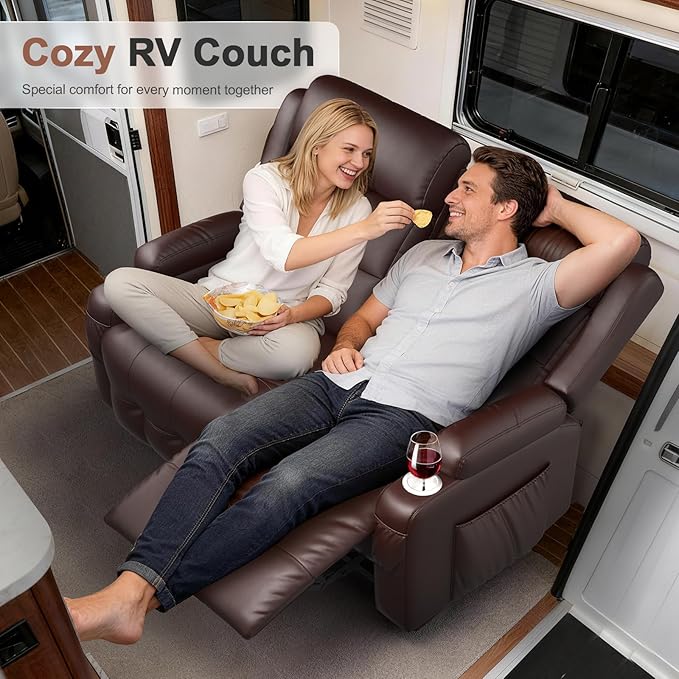 Reclining Loveseat, 55.1" RV PU Leather Wall Hugger Recliner Love Seats Sofa with USB-A/Type C Charging Station, Cup Holder, Double Recliners Couch, Manual Love Seat for RV & Gaming Room
