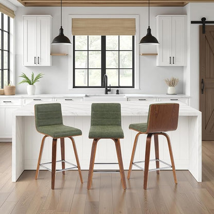 Vienna Modern Counter Height Swivel Bar Stool with Vintage Green Upholstered Seat and Walnut Finished Wood Frame Set of 2